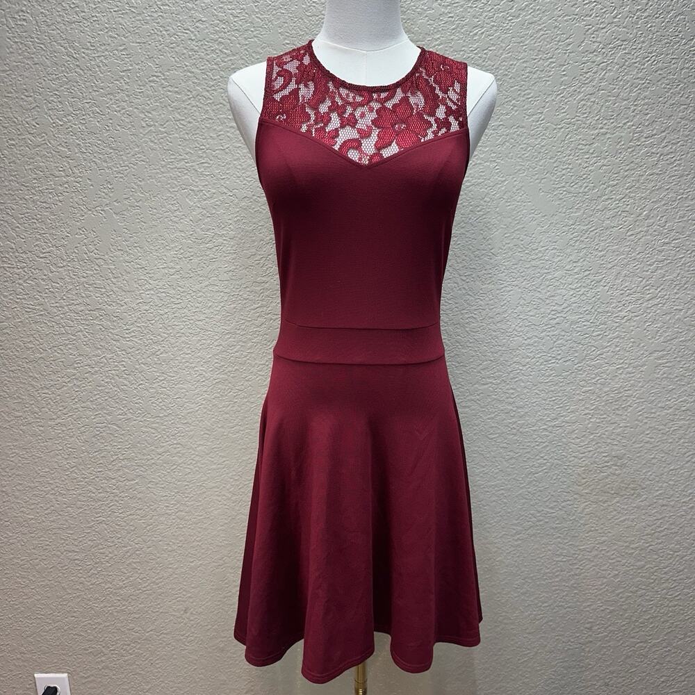 Fashion Women's Wine Red Sleeveless Fit Flare Dress Lace Trim Stretch S